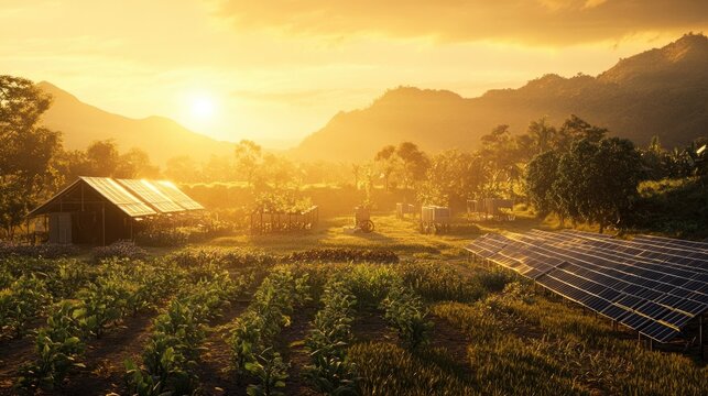 A peaceful sunrise over a sustainable farm, symbolizing a new day for zero waste and environmental preservation