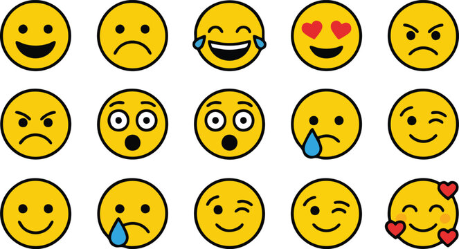 Cute cartoon emoji face expression vector icon set with different emotions and feelings