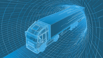Futuristic digital blue wireframe image of a high-speed train for transportation technology © Sigaling Lin