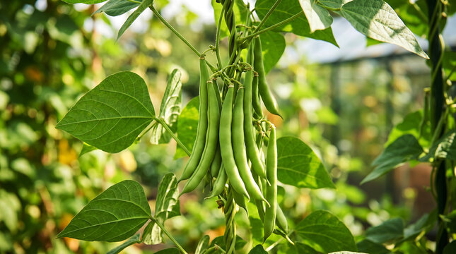 Fresh green beans hanging on vine in sunlit home garden during summer harvest season.