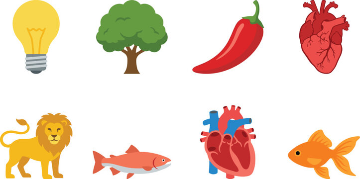 Flat vector icon collection featuring light bulb green tree red chili pepper human hearts lion salmon and goldfish