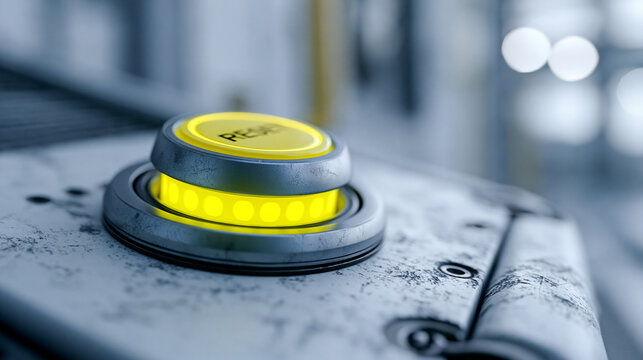 Close-up of a glowing yellow reset button on a weathered industrial control panel, cinematic 3D render, realistic metal textures, scratches and atmospheric lighting, with copy