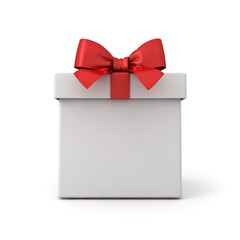 Obraz premium Blank white gift box or front view of white present box tied with red ribbon bow isolated on white background with shadow minimal conceptual 3D rendering