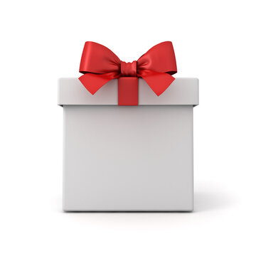 Blank white gift box or front view of white present box tied with red ribbon bow isolated on white background with shadow minimal conceptual 3D rendering