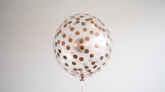 Shiny white balloon with gold polka dots floats freely on a plain background for party decoration