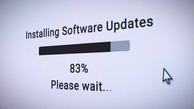 Video animation of a fictitious website with a white screen showing a progress bar for installing system update - software update in process.