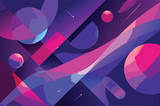 Vibrant Abstract Geometric Background with Purple, Ble, and Red Gradients; Moden Dynamic Composition featring Spheres, Circles, andFluid Waves for FuturisticDigital Art and Graphic Deign.