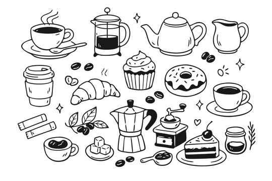 Aesthetic Coffee Cafe and Bakery Lifestyle Hand DrawnVector Line Art Set with Ht Coffee Cups, Muffin, Crossant, Donut, Moka Pot, Grnder, Cake, and Sweets forMinimalist Branding and Deor.