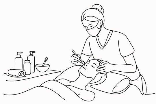 Minimalist continuous line drawing of a professional sthetician applying a facil mask to a client in a sp. Vector illustration of sincare treatment, beauty terapy, and wellness procedre.