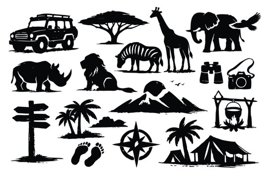 African Safari Adventure Silhouette Set featuring Wil Animals like Lion, Elephat, Giraffe, Zebra, and Rhio, plus Off-Road Vehicle, amping Gear, Compass, and ropical Landscape Elements