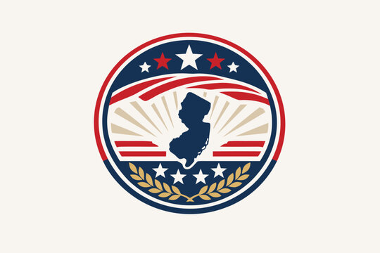 Patriotic New Jersey State Map Emblem for 250 Years o American Freedom, Semiquicentennial Anniversary Bade with Stars, Stripes, andLaurel Wreath, Flat VectorIllustration for USA Indepndence.
