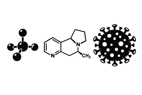 Set of scientific icons including methane molecule, nicotine chemical structure, and coronavirus pathogen in black and white flat vector style for chemistry, biology, and medical research.