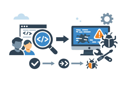 Software Development Workflow Illustration Depicting ode Review and Debugging Pocess with Developers, Magifying Glass, Computer Montor, Bug Icons, and RepairTools for Quality Assuranc