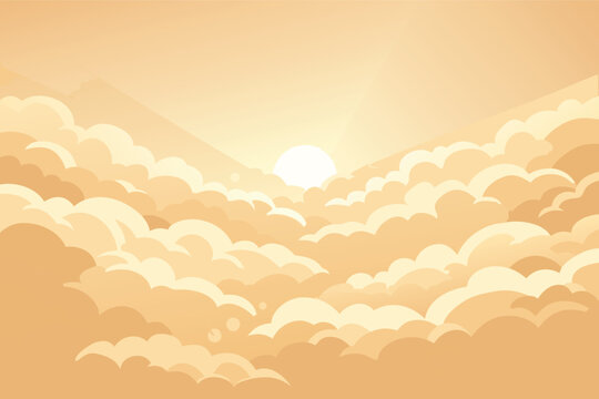 Elegant beige brown and cream stylized clouds with a adiant sunburst light backround. Heavenly fog and sk on a sunny summer day. Vetor illustration for backgounds, posters, and web deign.