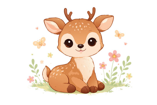 Adorable Baby Deer Fawn Vector Illustration with Big nnocent Eyes and Small Anters Sitting in a Meadow wih Colorful Flowers and Buterflies, Cute Woodland Anial Character for Nursery Dcor