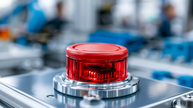 Industrial red button with visible internal electronic mechanism, factory control concept, machinery detail, with copy space