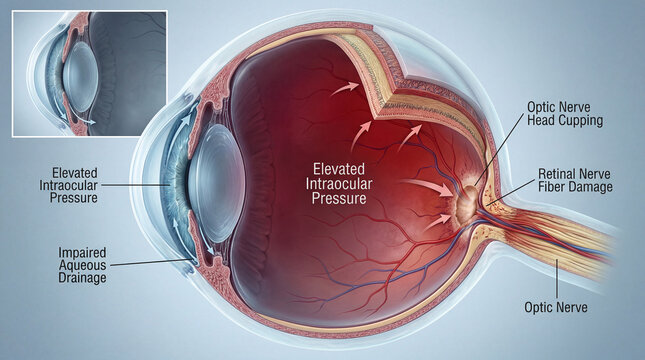 Unveiling the silent threat within the human eye depicting elevated pressure leading to optic nerve damage and glaucoma