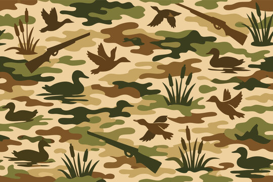 Seamless Duck Hunting Camouflage Pattern with Silhouettes of Flying and Swimming Waterfowl, Shotgun Rifles, and Cattail Reeds in Earth Tones for Outdoor Sports and Apparel Design Vector Illustration