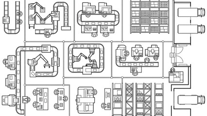 Obraz premium Robotics Assembly And Warehouse Operations Top View Layout With Smart Factory Production Zones