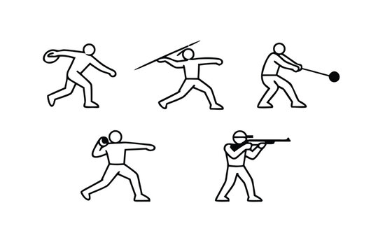 Set of Black Line Art Sport Icons Featuring Athletes in Various Throwing and Shooting Disciplines Including Discus Throw, Javelin, Hammer Throw, Shot Put, and Rifle Shooting Pictograms for Design