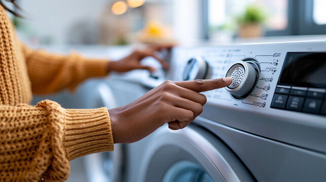 Woman selecting a delayed start setting on a washing machine panel, household task automation, modern busy lifestyle concept, faceless, defocused laundry background, with copy