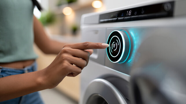 Woman selecting a delayed start setting on a washing machine panel, household task automation, modern busy lifestyle concept, faceless, defocused laundry background, with copy