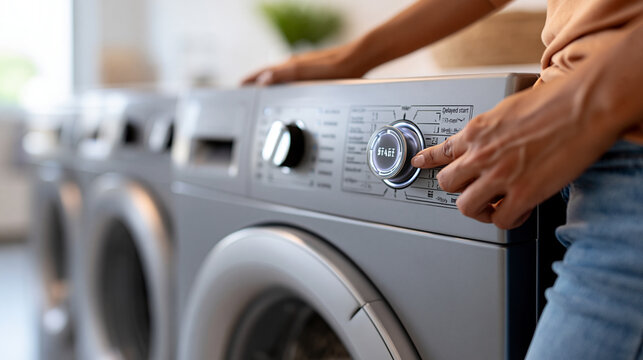 Woman selecting a delayed start setting on a washing machine panel, household task automation, modern busy lifestyle concept, faceless, defocused laundry background, with copy