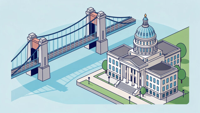 Isometric illustration of city infrastructure with bridge and government building in urban environment