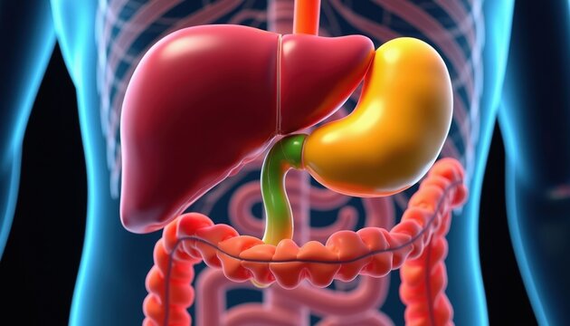 Human digestive system internal organs. Detailed illustration of liver stomach gallbladder and intestines. Medical internal anatomy graphic for health education.