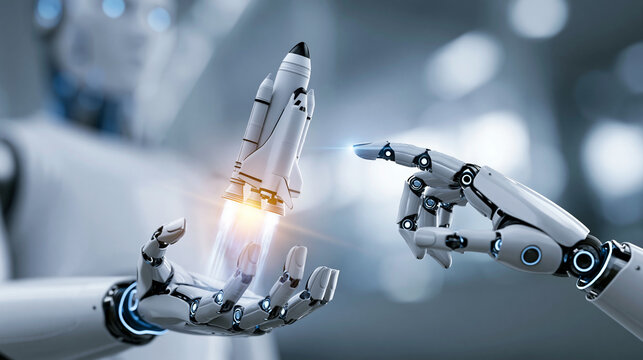 Robotic hand initiating a rocket launch, innovation and technological progress concept, futuristic startup symbol, defocused background, with copy space