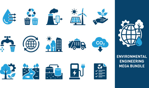 Environmental Engineering Symbols with Water Recycling Energy Waste and Sustainability Elements