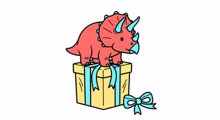 Colorful cartoon triceratops dinosaur on gift box, festive illustration, children's artwork, fun animal design element © Adam