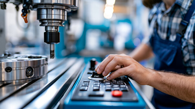 Industrial worker pressing a cycle start button on a CNC milling machine, precision metal fabrication, manufacturing automation, faceless, defocused workshop background, with copy