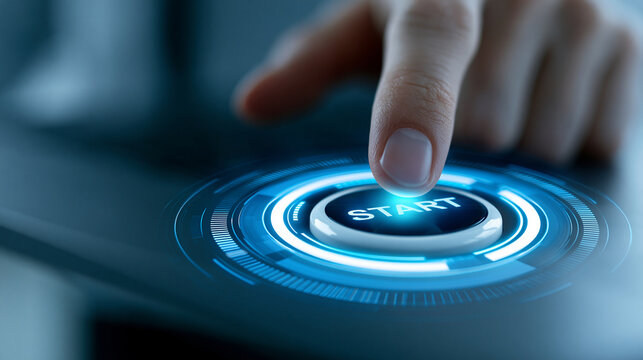 Close-up of a finger poised to press a futuristic start button in cool blue hues, innovation and technological advancement concept, defocused background, with copy space
