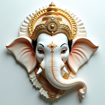 White Ganesha head statue adorned with gold crown and ornaments. Elephant deity face with large ears and ornate detail. Hindu god figure on plain background. Religious art decor.