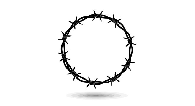 Barbed wire circle, black metal fence symbol, isolated vector icon, security and warning sign