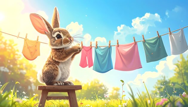 A rabbit hangs colorful laundry on a line in a sunny meadow