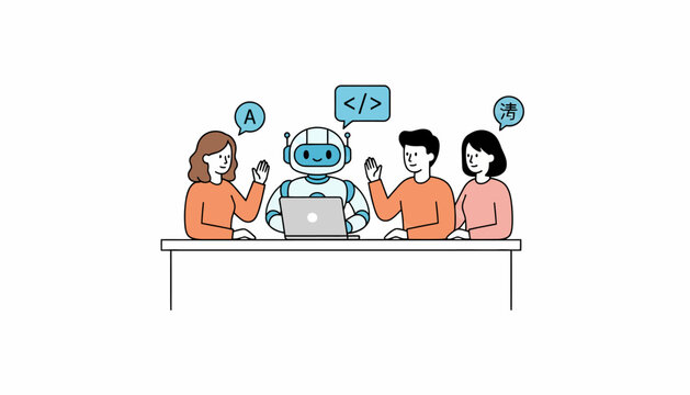 Flat design people meeting robot, coding team collaboration, software development, teamwork illustration, modern office scene