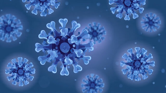 Close-up of blue virus particles with spike proteins in digital science visualization