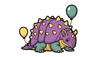 Cartoon dinosaur, purple triceratops, yellow spikes, balloons, kids party, illustration, vector graphics © Adam