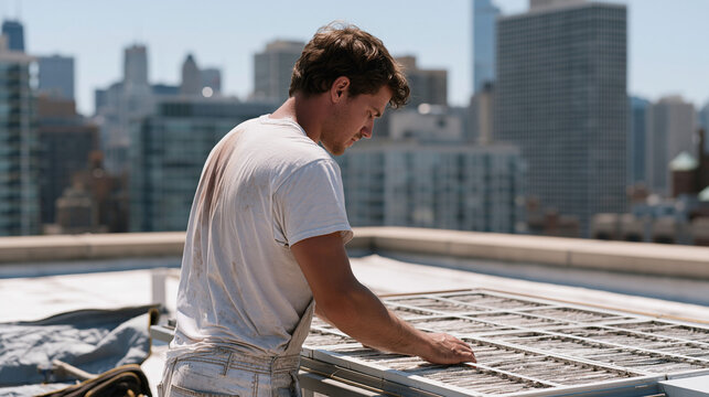 Commercial rooftop HVAC technician replacing filter units during peak summer service season, downtown skyline visible beyond parapet wall, tool bag unzipped on rooftop membrane beside him, sun glare