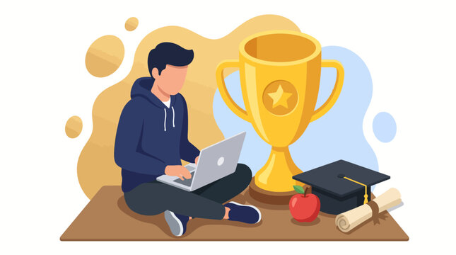 Student working on laptop with graduation cap and trophy.