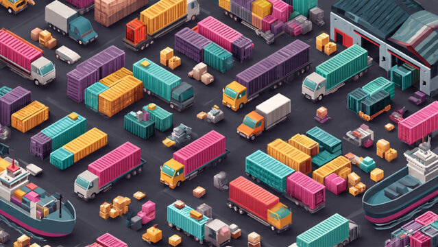 Colorful container port with ships and trucks illustrating urban infrastructure and logistics
