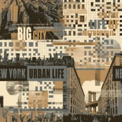 A vector Seamless pattern themed around urbanism and street art featuring newspaper headlines and the Manhattan Bridge against the backdrop of New York City buildings and crosswords. T-shirt design. © paseven