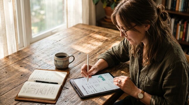Freelance creative professional reviewing business finances and tax planning with analog-digital workflow on sunlit desk