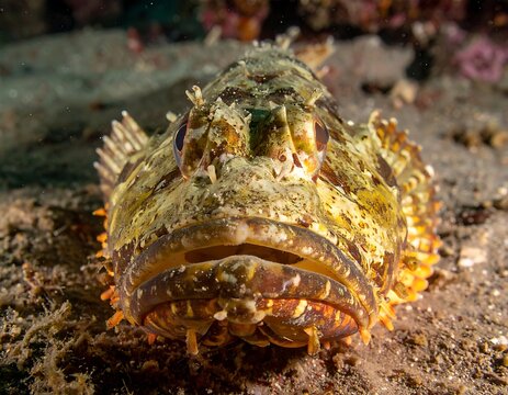 Closeup of a brown frogfish underwater.