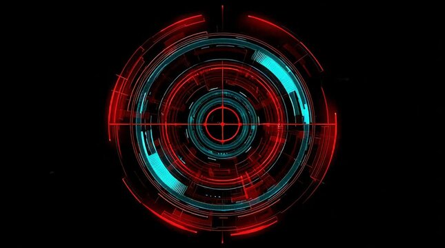 Futuristic HUD technology interface circular target background featuring neon blue and red glowing digital elements for sci-fi gaming cyber security and advanced motion graphics visuals