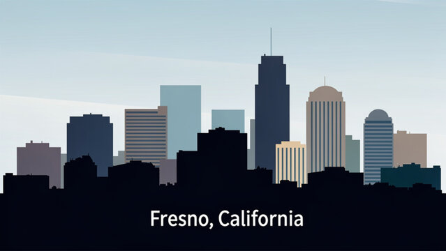 Silhouette of Fresno California city skyline with skyscrapers during daytime in blue and gray tones