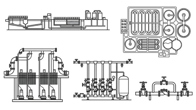 Technical schematics illustrating water treatment and industrial piping systems