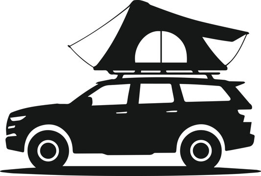 Minimalist black off road suv car with rooftop tent for camping adventure silhouette vector icon